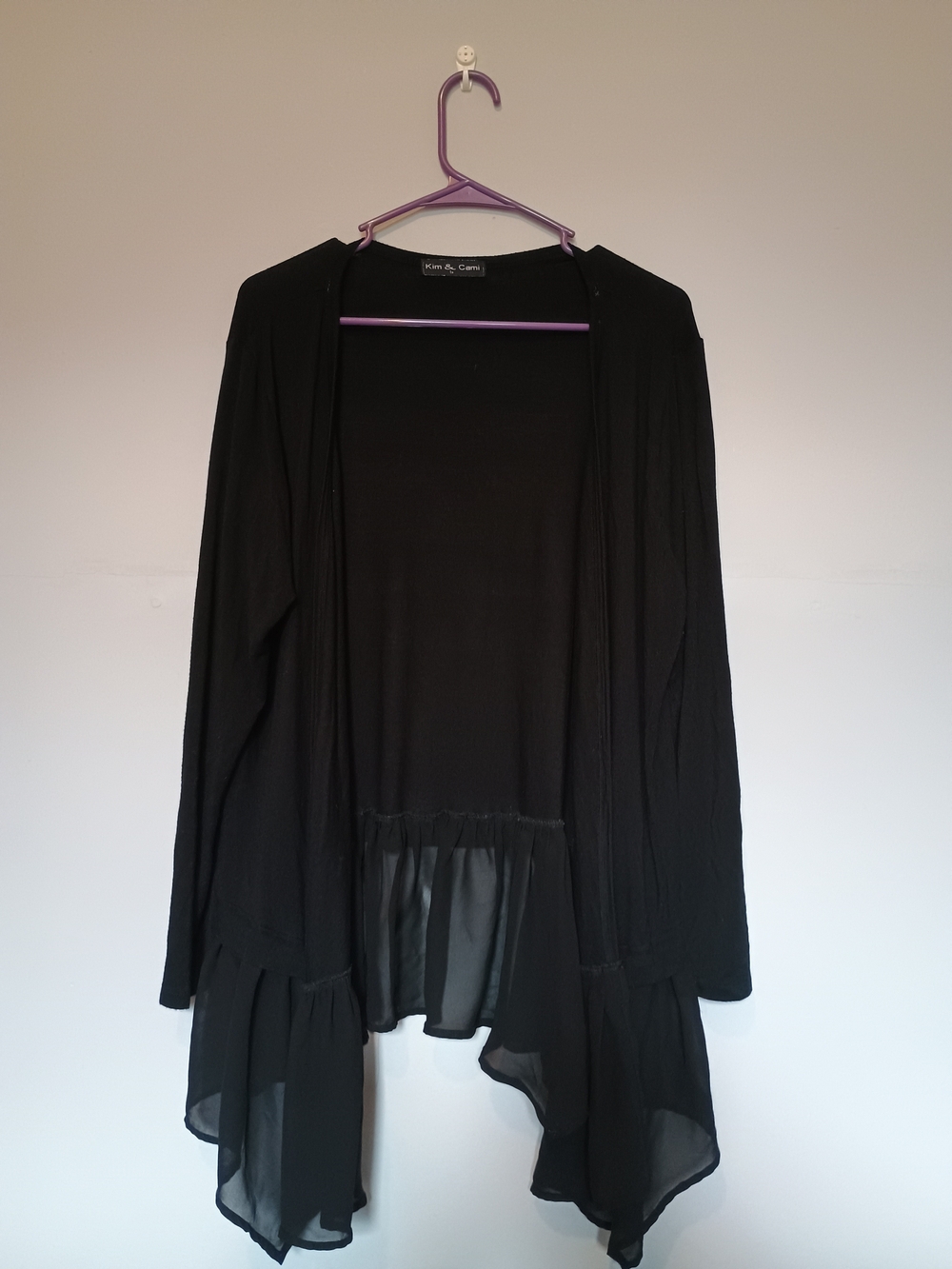 Kim & Cami Black Ruffle Hem Open Cardigan Sweater